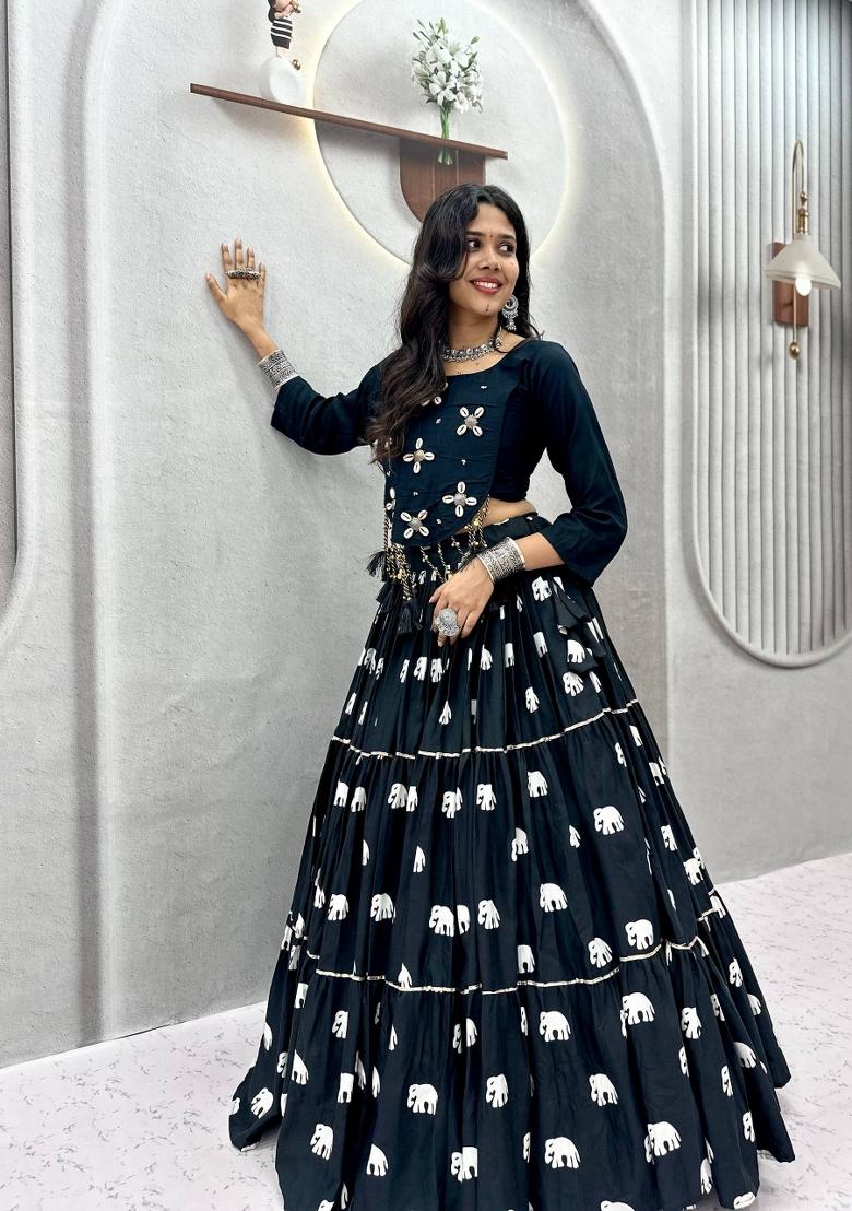 Black Handcrafted Cotton Lehenga Set - Indya