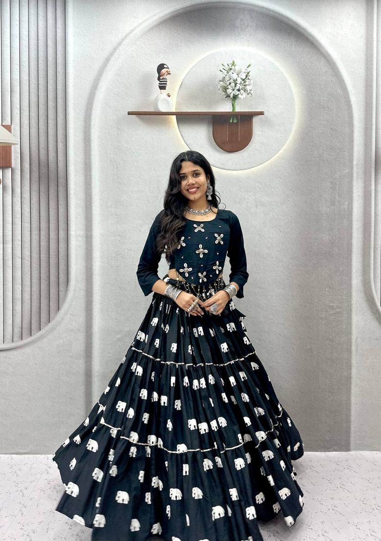 Black Handcrafted Cotton Lehenga Set - Indya