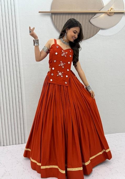 Rust Orange Handcrafted Cotton Chaniya Choli Set For Navratri And Garba