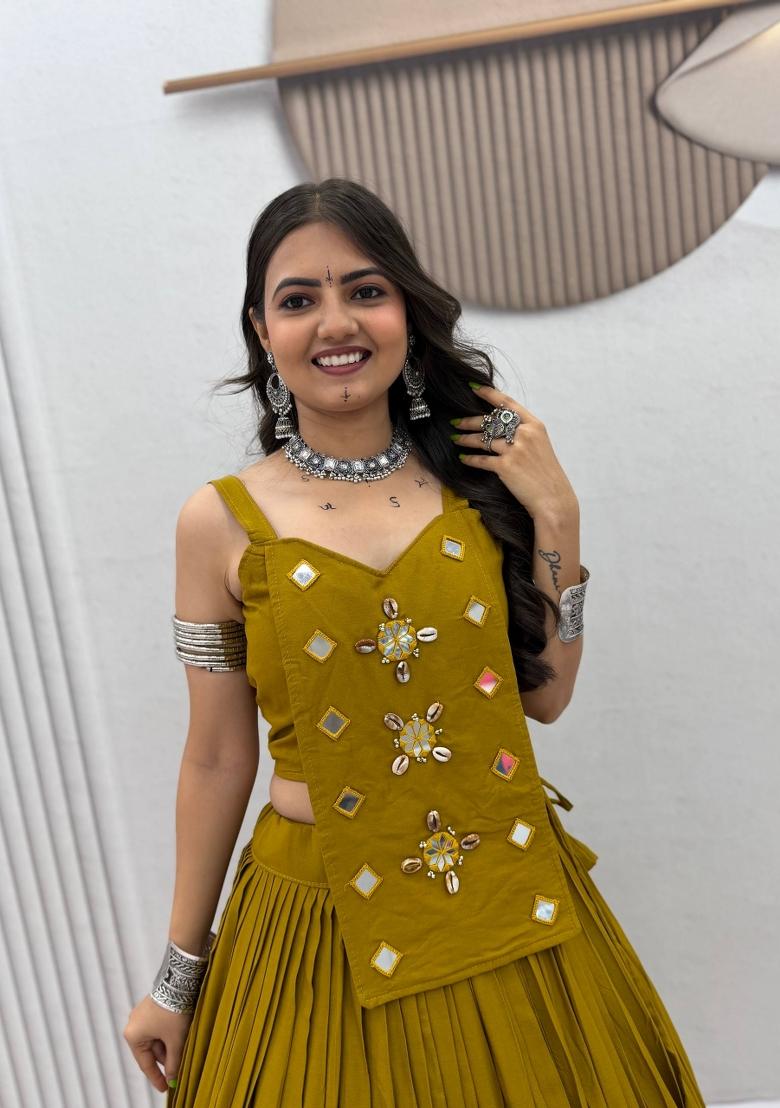 Olive Green Handcrafted Cotton Lehenga Set - Indya