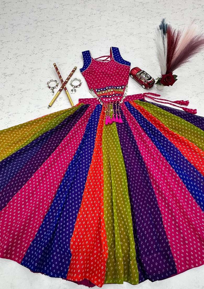 Multicolor Mirror Work Georgette Lehenga Set - Indya