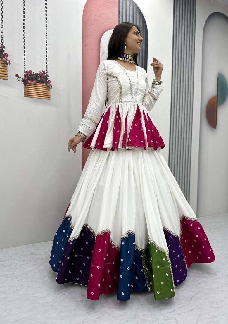 White Patch Work Cotton Chaniya Choli Set For Navratri And Garba - Indya
