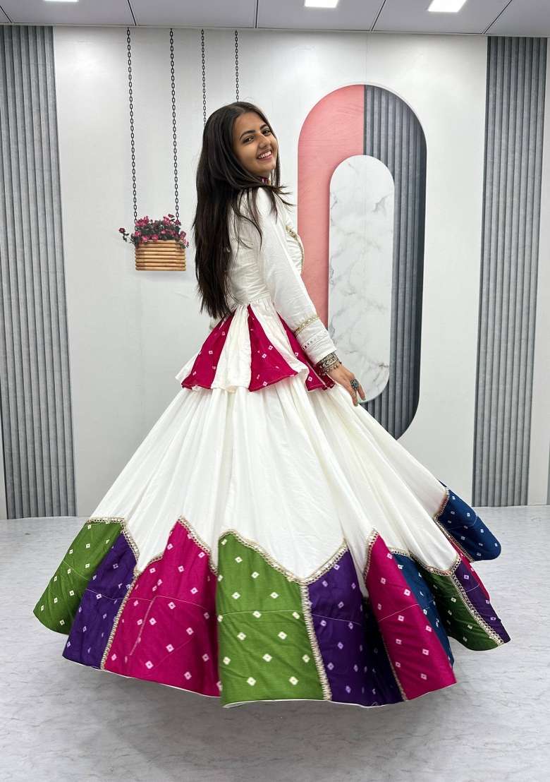 White Patch Work Cotton Chaniya Choli Set For Navratri And Garba - Indya