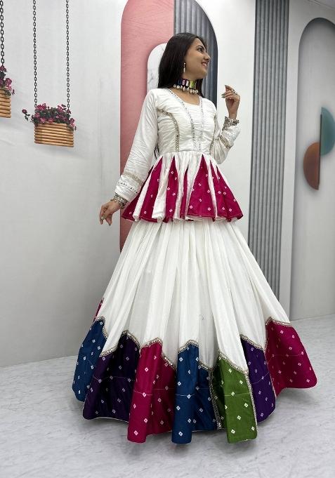 White Patch Work Cotton Chaniya Choli Set For Navratri And Garba