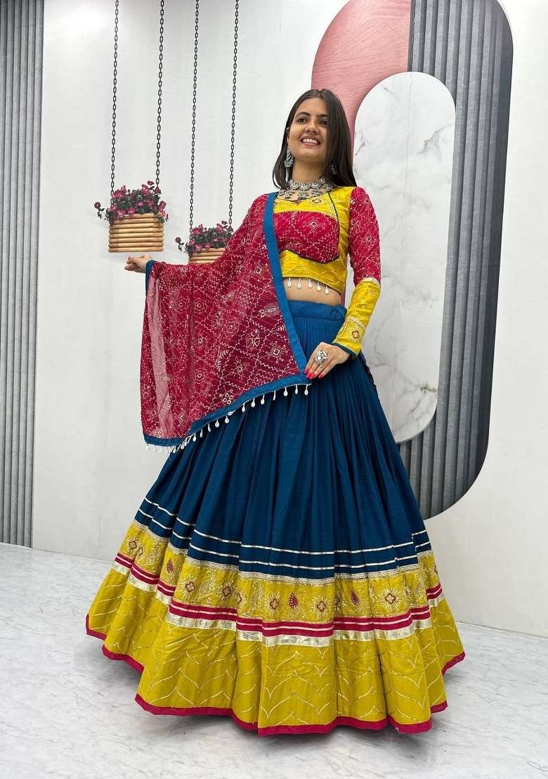 Blue Sequin Work Rayon Chaniya Choli Set For Navratri And Garba for Diwali and Festive Wear - Indya