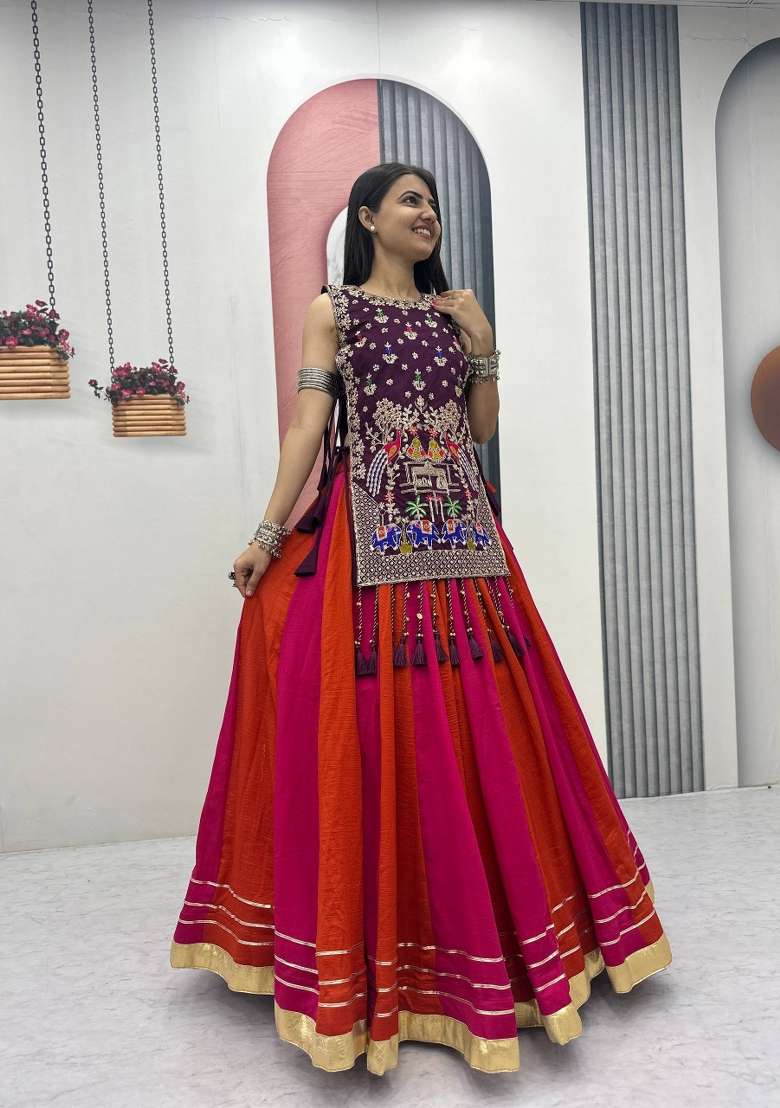 Purple Sequin Work Vichitra Chaniya Choli Set For Navratri And Garba for Diwali and Festive Wear - Indya