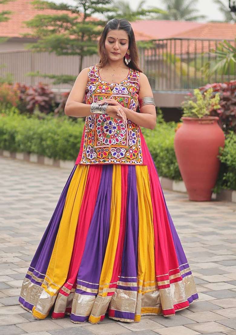 Multicolor Gamthi Work Cotton Chaniya Choli Set For Navratri And Garba - Indya
