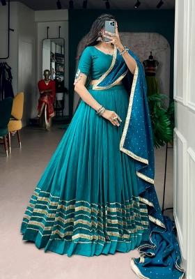 Teal Blue Embroidered Chanderi Lehenga Set