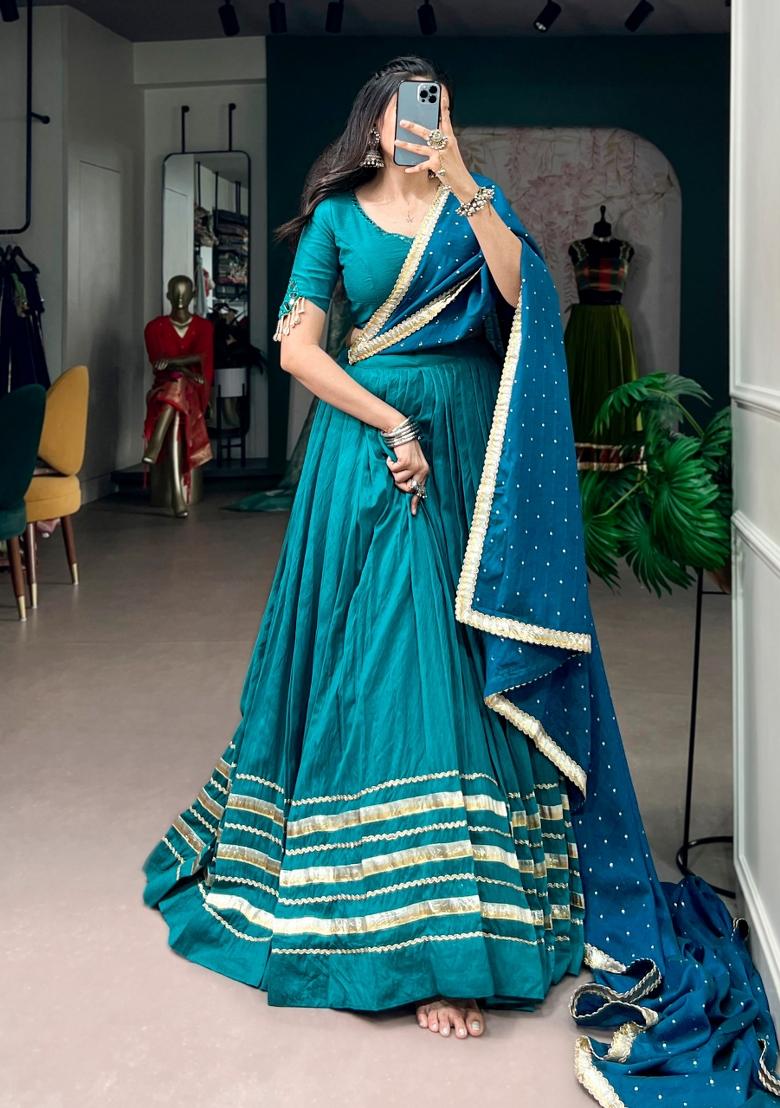 Teal Blue Embroidered Chanderi Lehenga Set - Indya