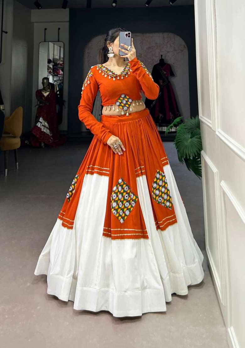 Orange Gamthi Work Rayon Chaniya Choli Set For Navratri And Garba - Indya