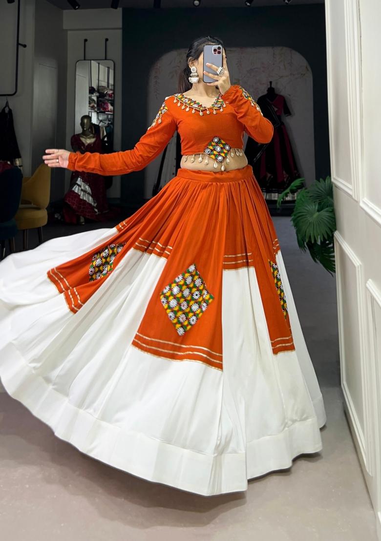 Orange Gamthi Work Rayon Lehenga Set - Indya