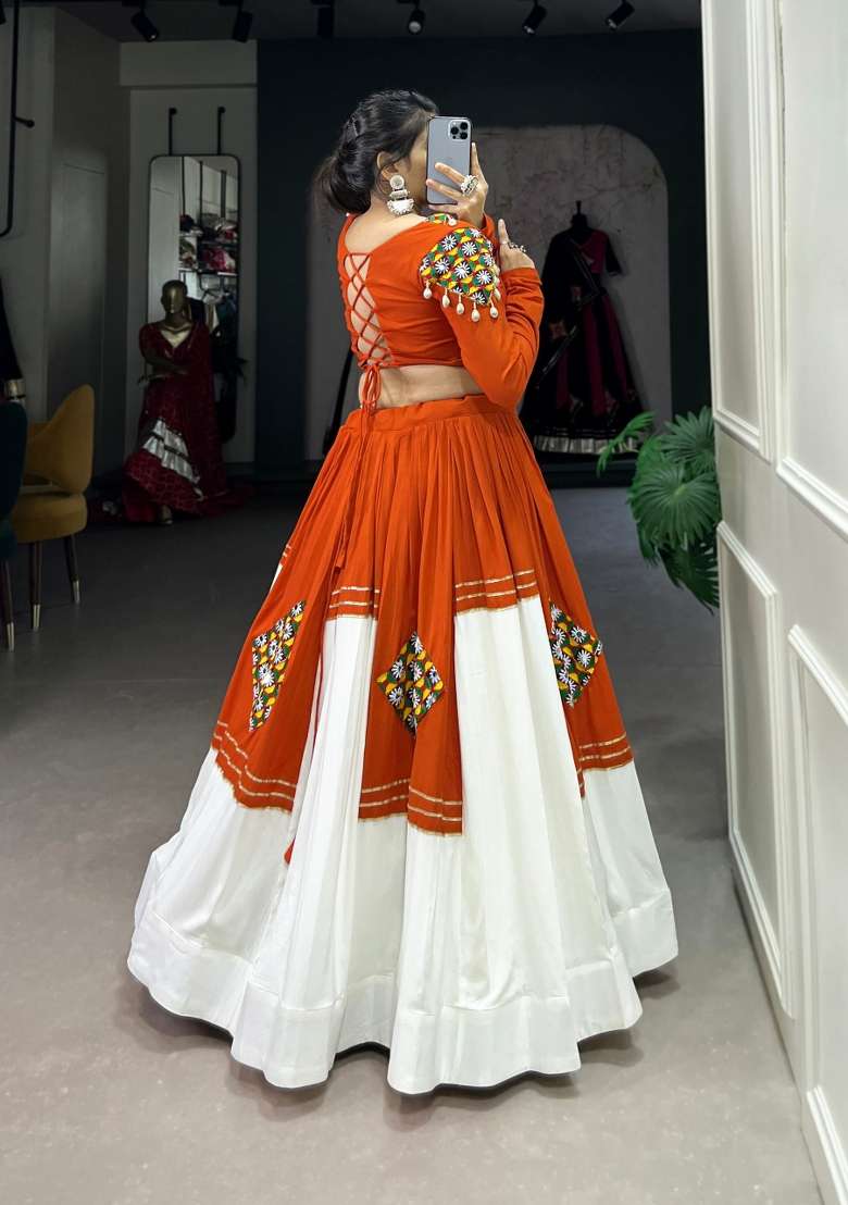 Orange Gamthi Work Rayon Chaniya Choli Set For Navratri And Garba - Indya