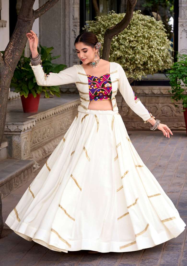 Off White Gamthi Work Rayon Chaniya Choli Set For Navratri And Garba - Indya