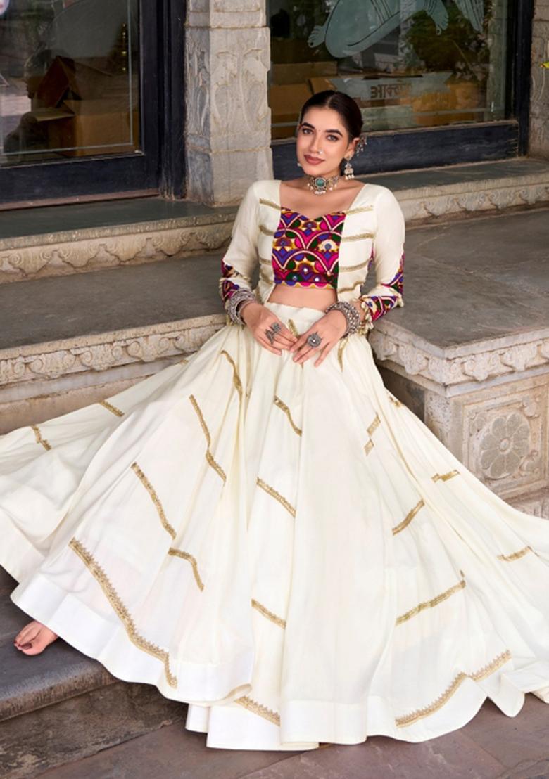Off White Gamthi Work Rayon Lehenga Set - Indya