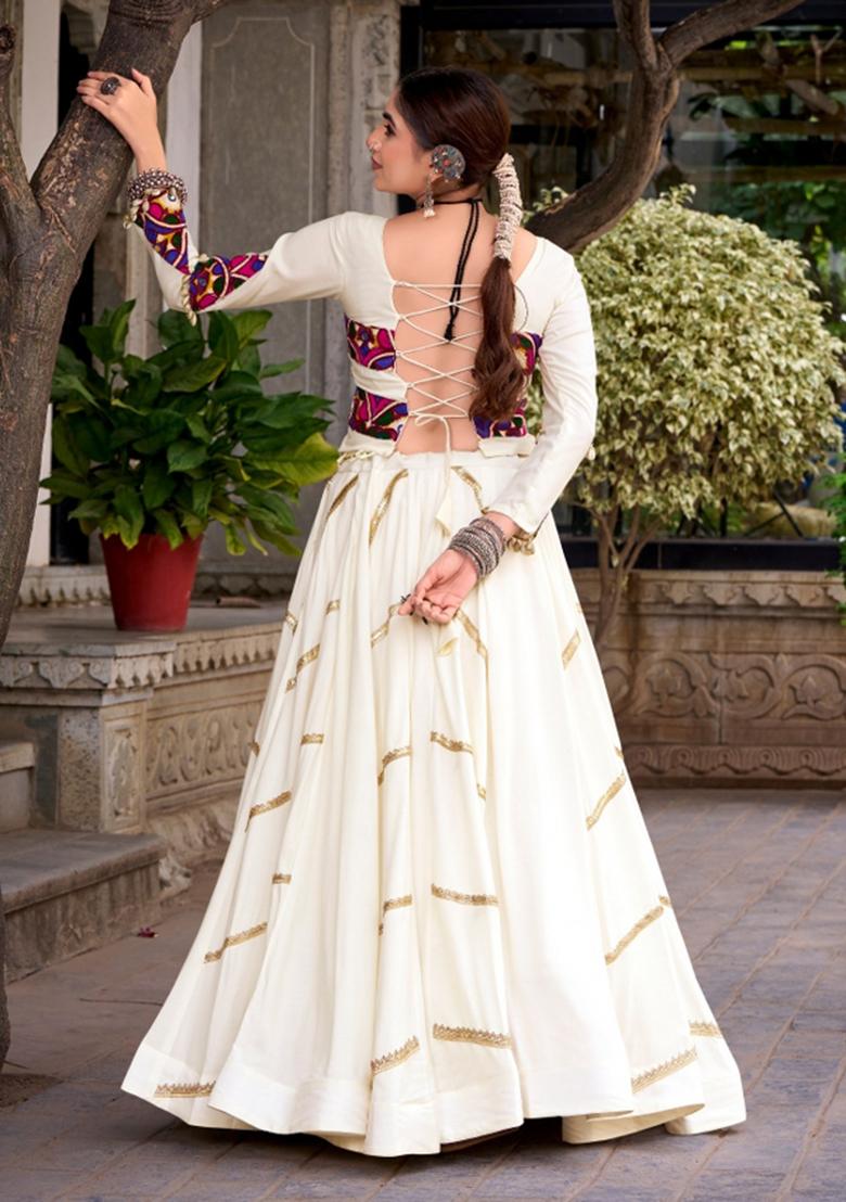Off White Gamthi Work Rayon Lehenga Set - Indya