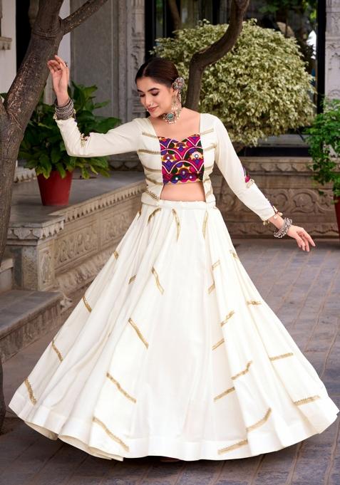 Off White Gamthi Work Rayon Chaniya Choli Set For Navratri And Garba