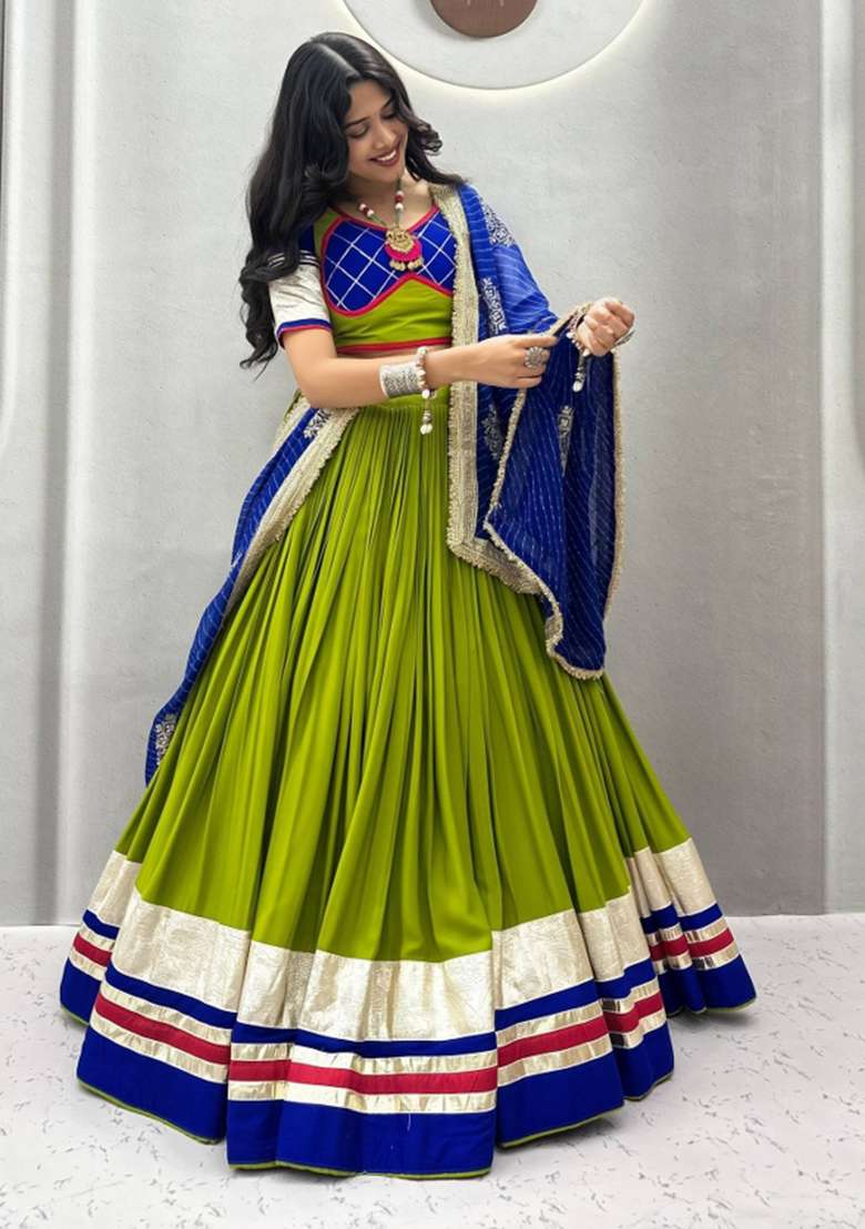 Olive Green Ribbon Work Cotton Chaniya Choli Set For Navratri And Garba - Indya