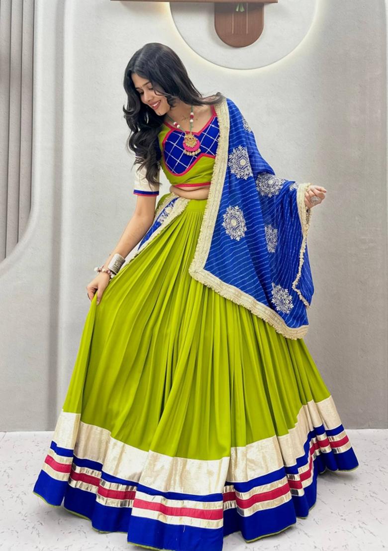 Olive Green Ribbon Work Cotton Lehenga Set - Indya