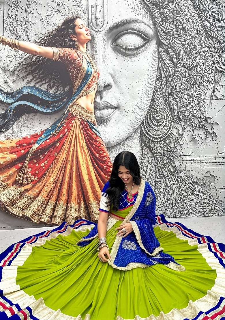 Olive Green Ribbon Work Cotton Chaniya Choli Set For Navratri And Garba - Indya