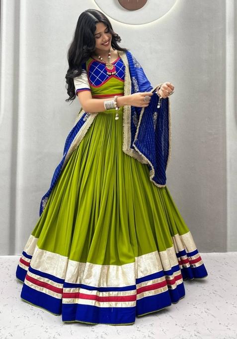 Olive Green Ribbon Work Cotton Lehenga Set