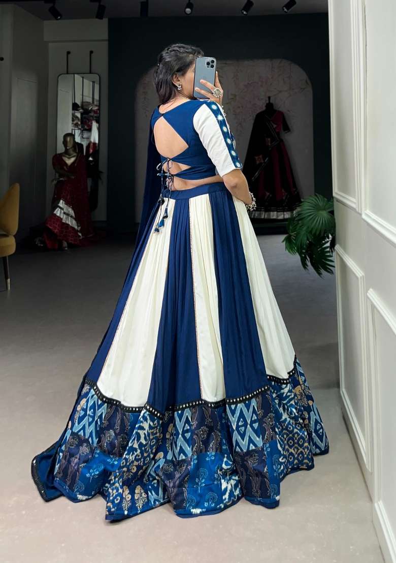 Blue Mirror Work Rayon Chaniya Choli Set For Navratri And Garba - Indya