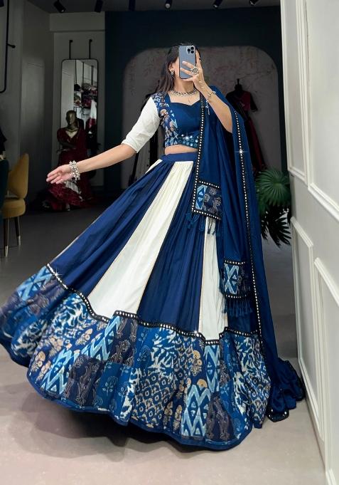 Blue Mirror Work Rayon Chaniya Choli Set For Navratri And Garba