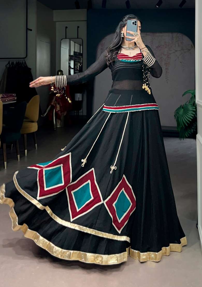 Black Cowrie Work Marble Chaniya Choli Set For Navratri And Garba - Indya
