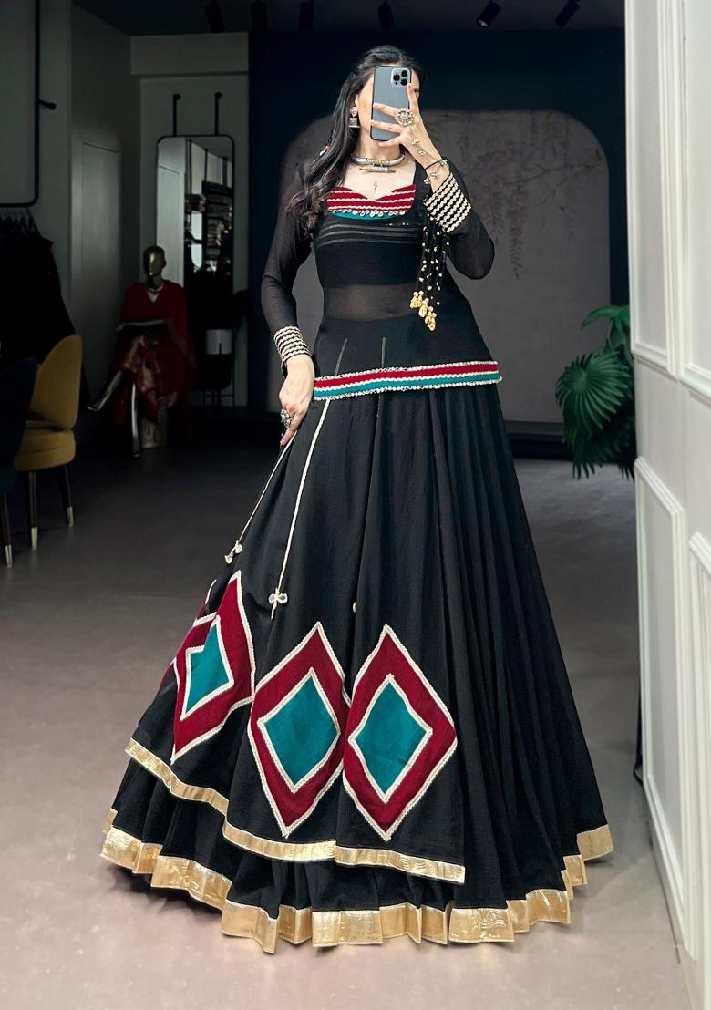 Black Cowrie Work Marble Lehenga Set - Indya
