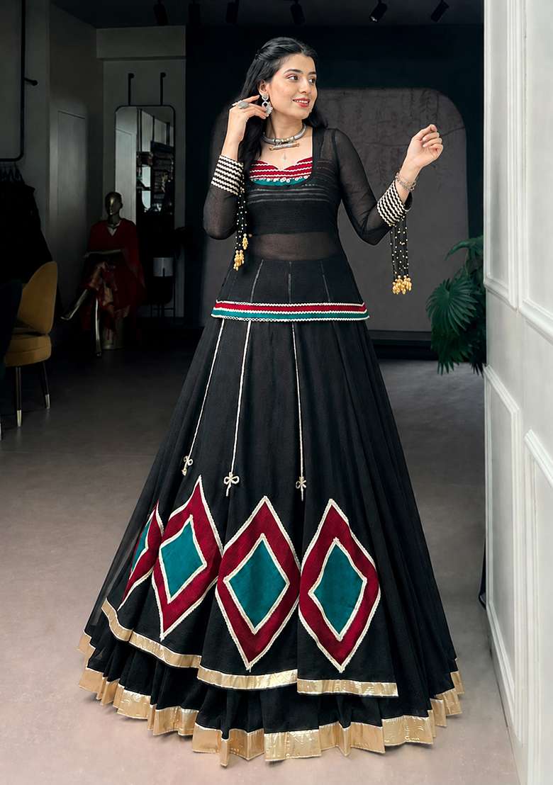 Black Cowrie Work Marble Chaniya Choli Set For Navratri And Garba - Indya