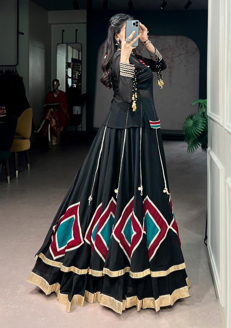 Black Cowrie Work Marble Lehenga Set - Indya