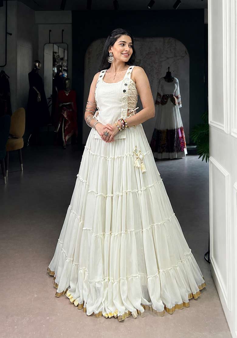 Off White Eyelet Work Marble Chaniya Choli Set For Navratri And Garba - Indya