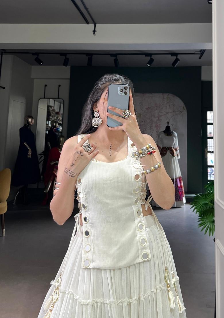 Off White Eyelet Work Marble Lehenga Set - Indya