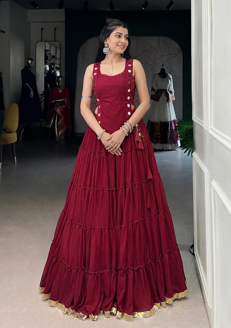 Maroon Eyelet Work Marble Lehenga Set - Indya
