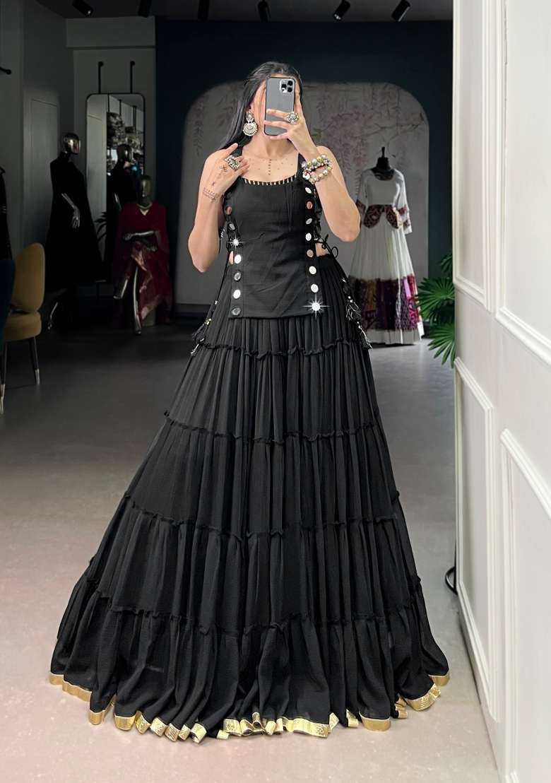Black Eyelet Work Marble Chaniya Choli Set For Navratri And Garba - Indya