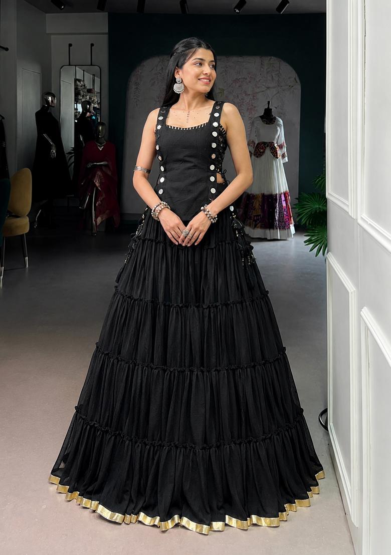 Black Eyelet Work Marble Lehenga Set - Indya