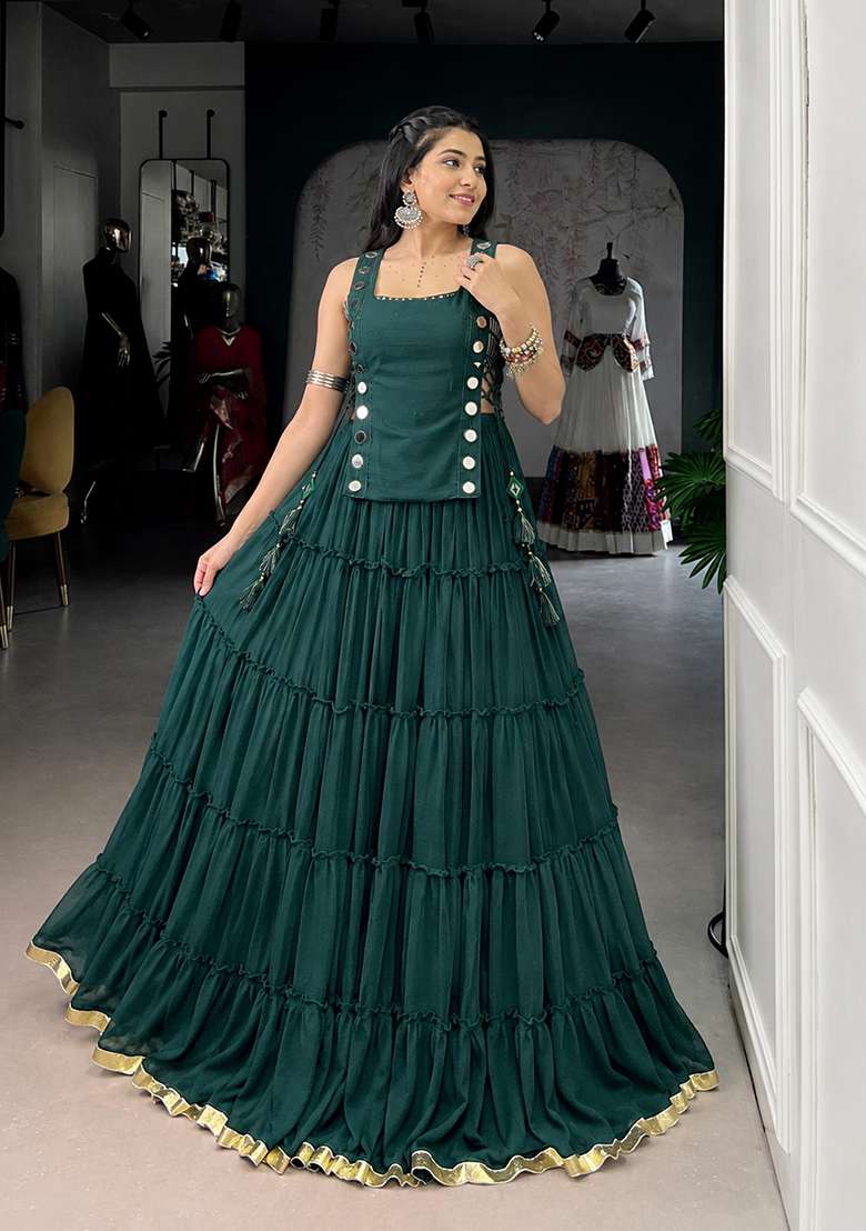 Bottle Green Eyelet Work Marble Chaniya Choli Set For Navratri And Garba - Indya