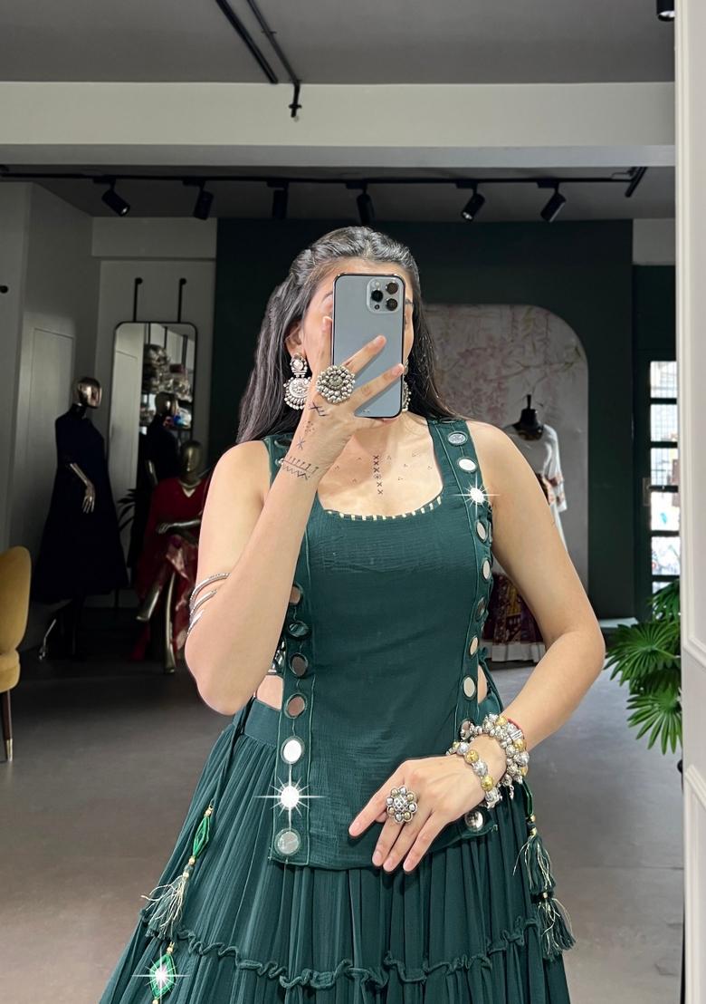 Bottle Green Eyelet Work Marble Lehenga Set - Indya