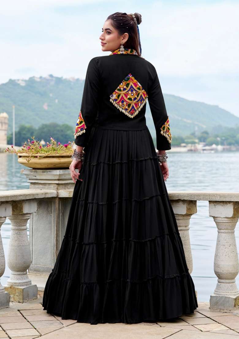 Black Embroidered Rayon Chaniya Choli Set For Navratri And Garba - Indya