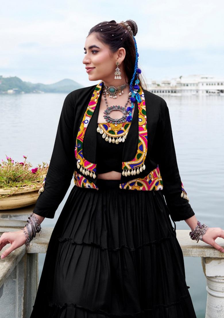 Black Embroidered Rayon Lehenga Set - Indya