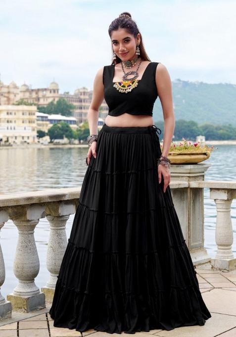 Black Embroidered Rayon Chaniya Choli Set For Navratri And Garba