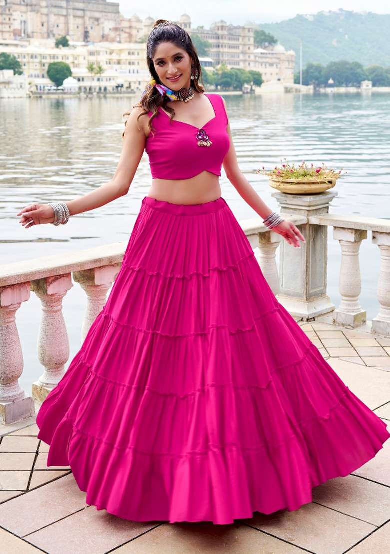 Pink Embroidered Rayon Chaniya Choli Set For Navratri And Garba - Indya