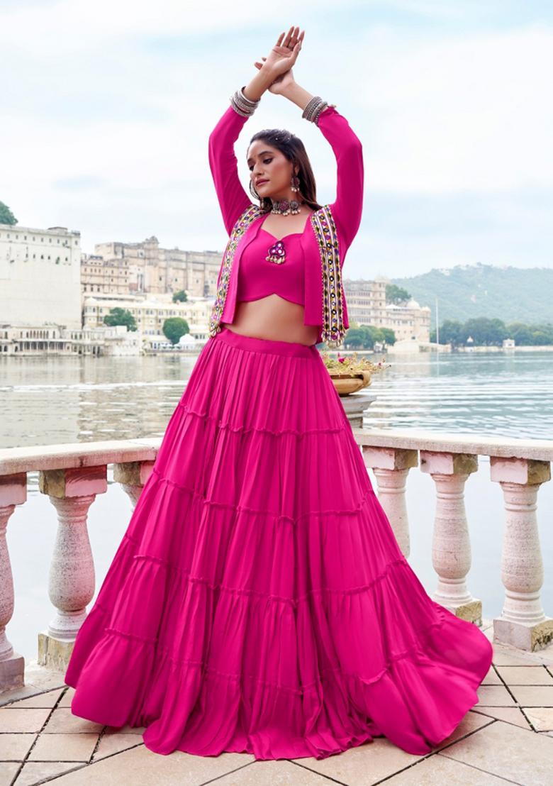 Pink Embroidered Rayon Lehenga Set - Indya