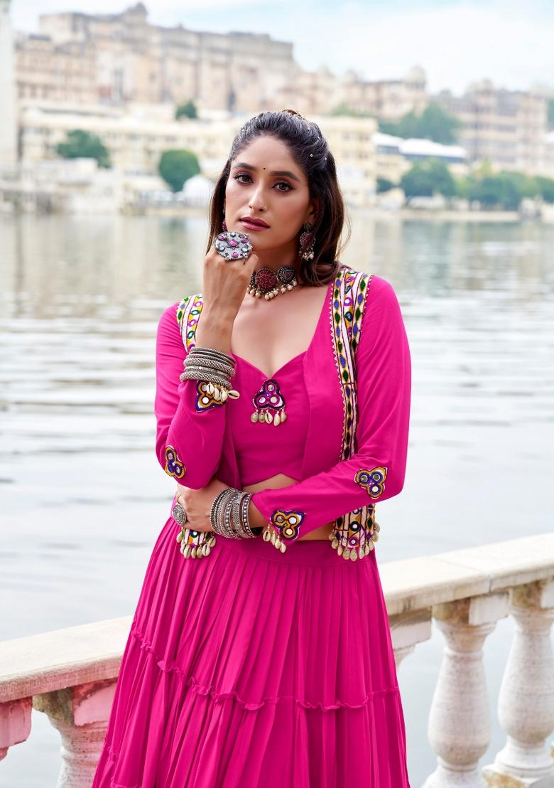 Pink Embroidered Rayon Lehenga Set - Indya