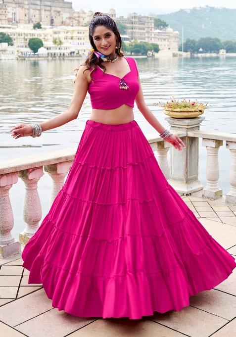 Pink Embroidered Rayon Chaniya Choli Set For Navratri And Garba
