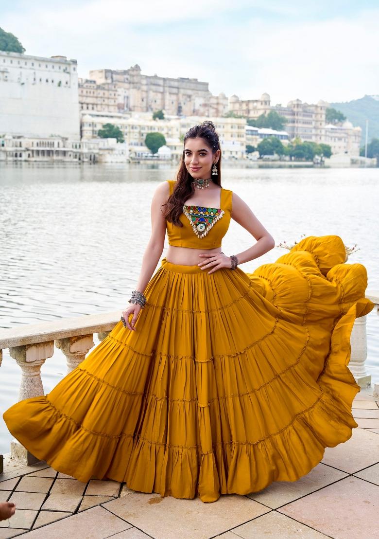 Mustard Yellow Embroidered Rayon Lehenga Set - Indya