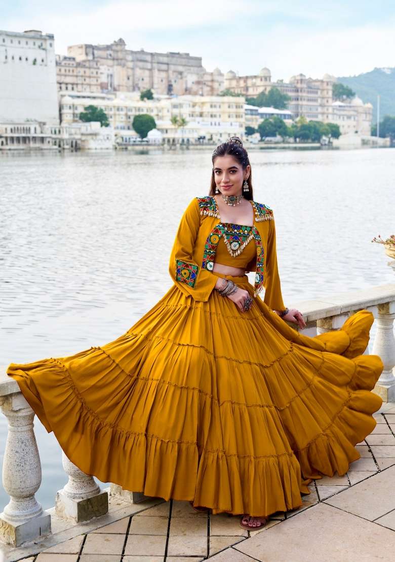 Mustard Yellow Embroidered Rayon Chaniya Choli Set For Navratri And Garba - Indya