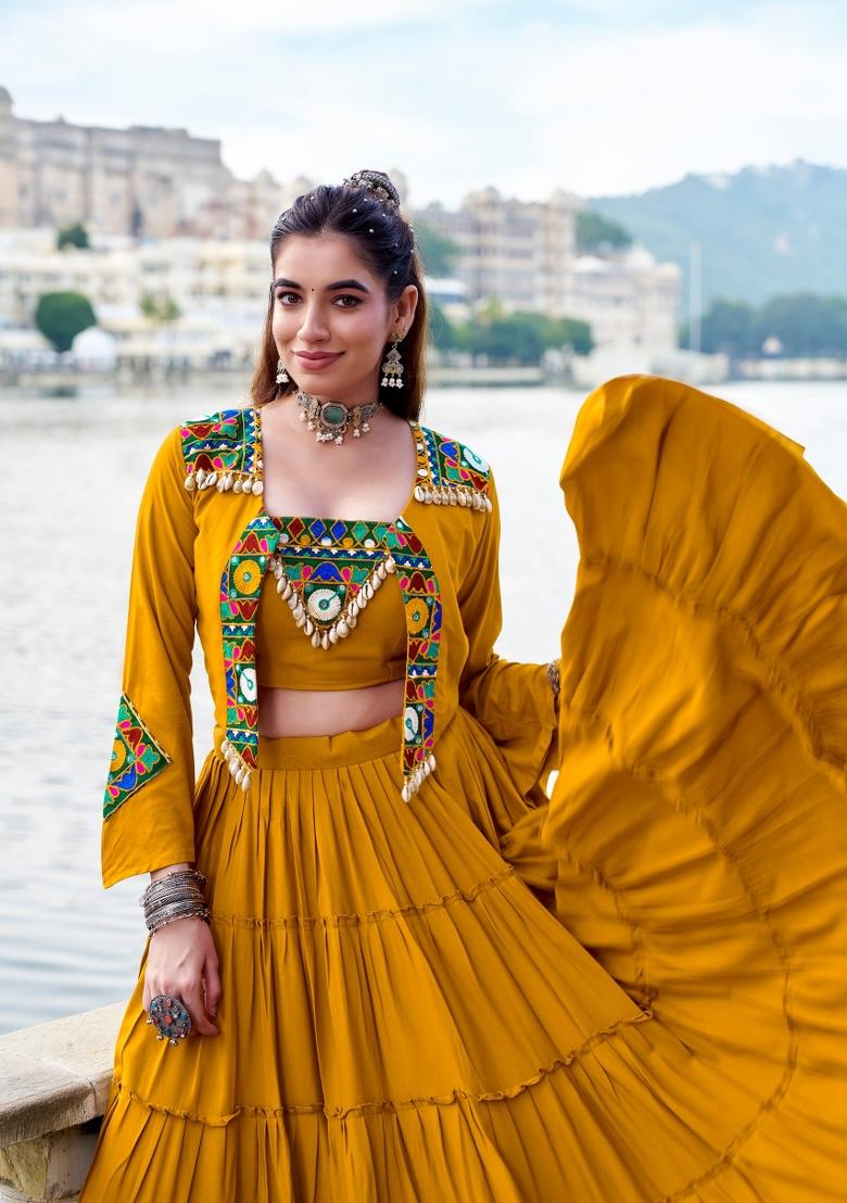 Mustard Yellow Embroidered Rayon Lehenga Set - Indya