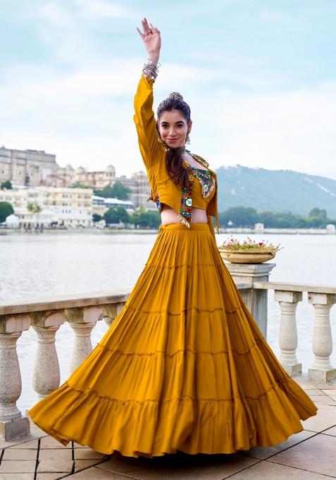 Mustard Yellow Embroidered Rayon Chaniya Choli Set For Navratri And Garba