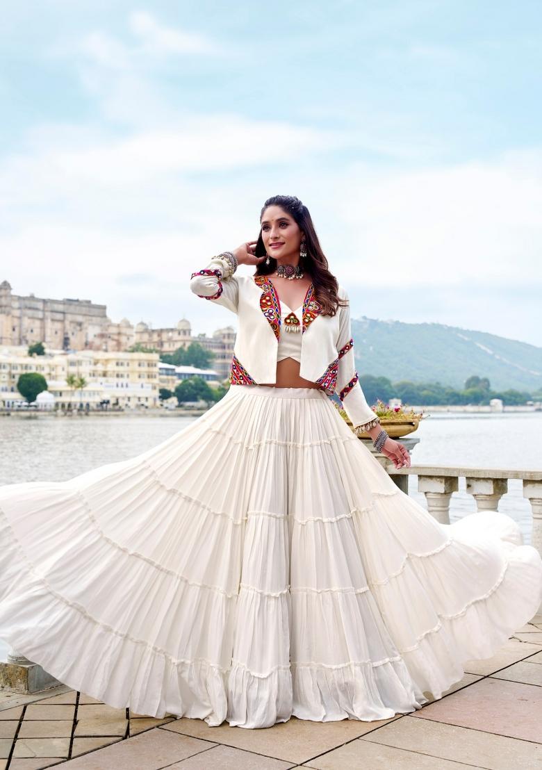White Embroidered Rayon Lehenga Set - Indya