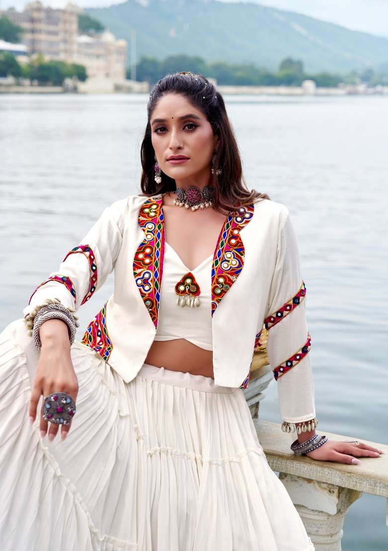 White Embroidered Rayon Chaniya Choli Set For Navratri And Garba - Indya